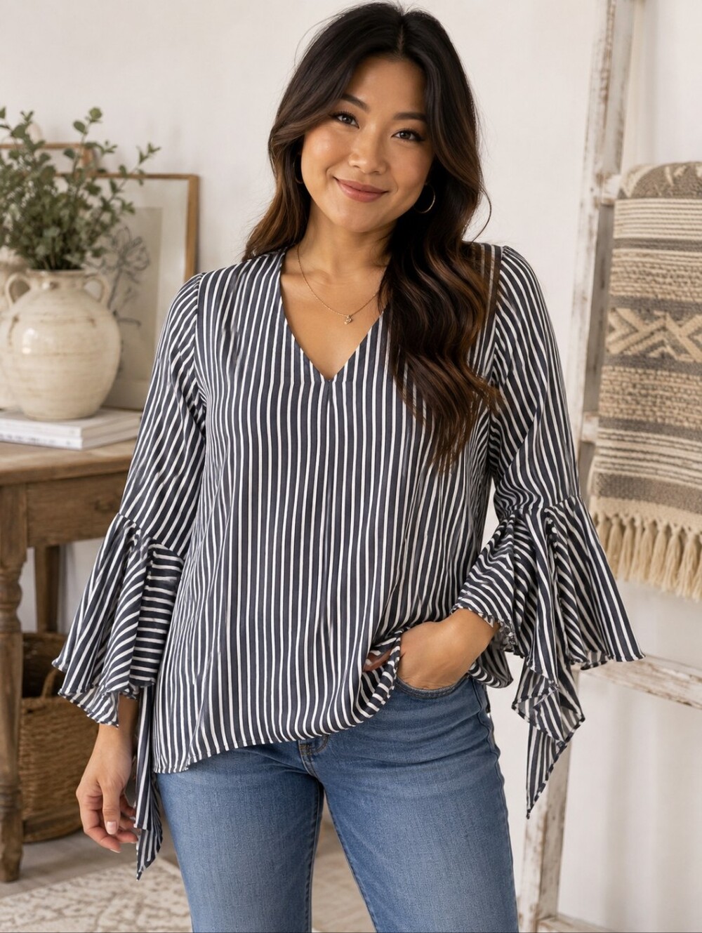 by & by Black and White Striped V-Neck Bell Sleeve Blouse